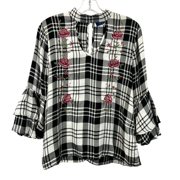 Blue Rain Women’s Choker Neck Ruffle Cuff Top Plaid/Embroidered Floral Small - Picture 1 of 9